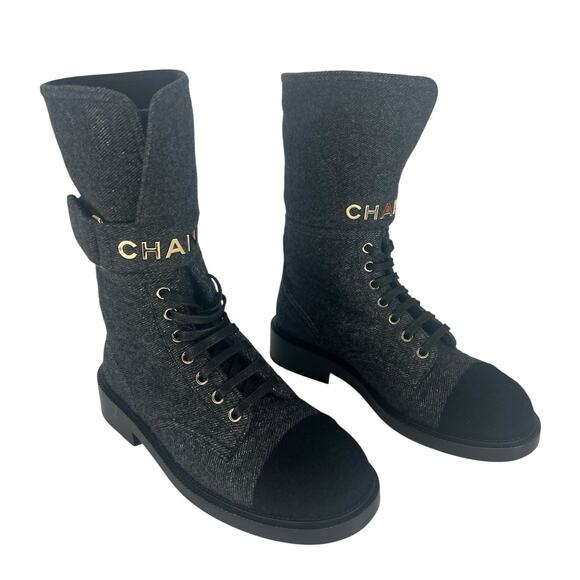 Chanel 2021 Interlocking CC Cap Toe Tweed Logo Combat Boots - Picture 3 of 16